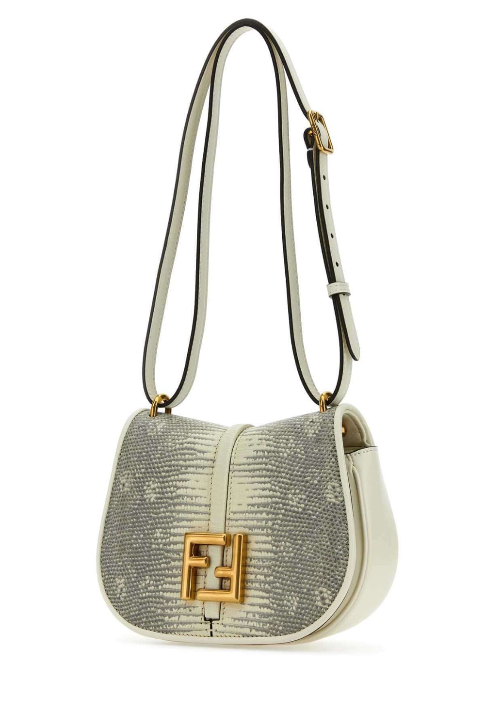 Designer handbag with gold clasp on a white background