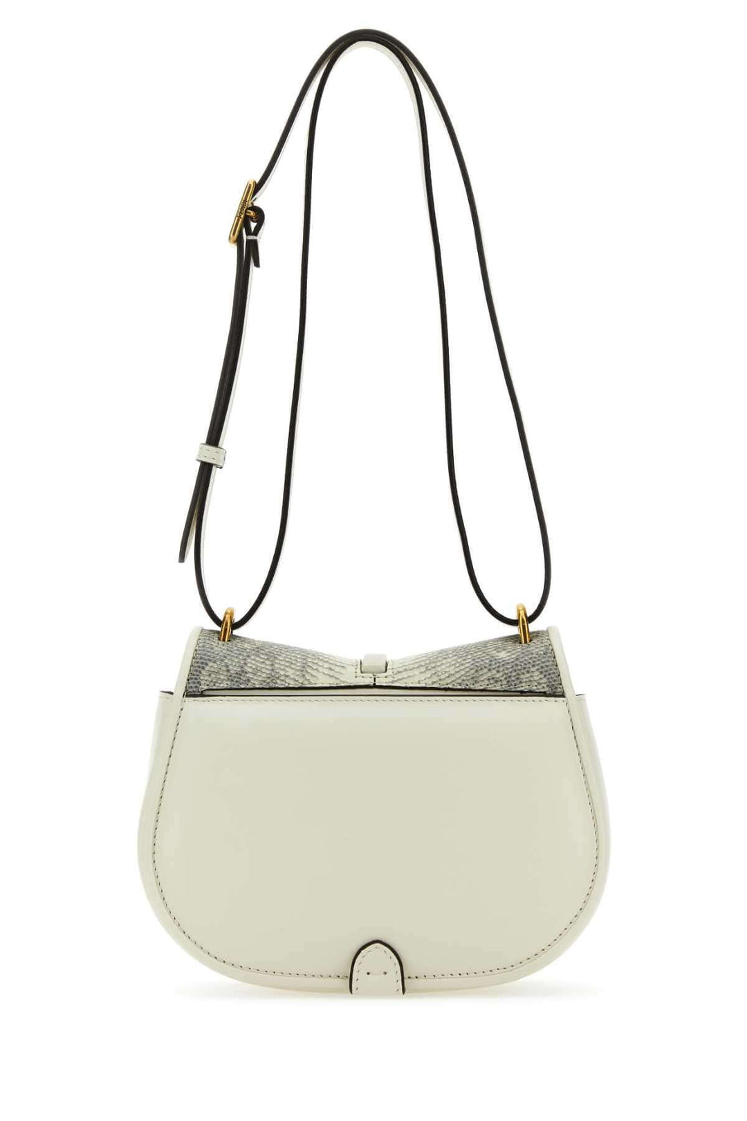White handbag with a black strap on a white background