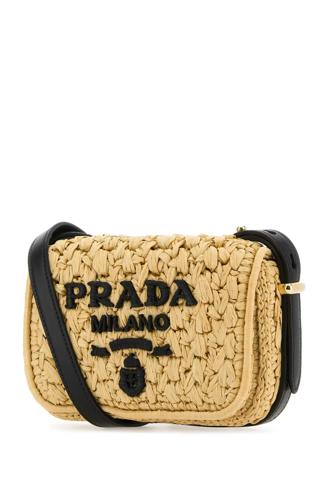 Prada Women Raffia Crossbody Bag with platinum finish and logo detail, 16 cm width, 14 cm height, 5.5 cm depth.