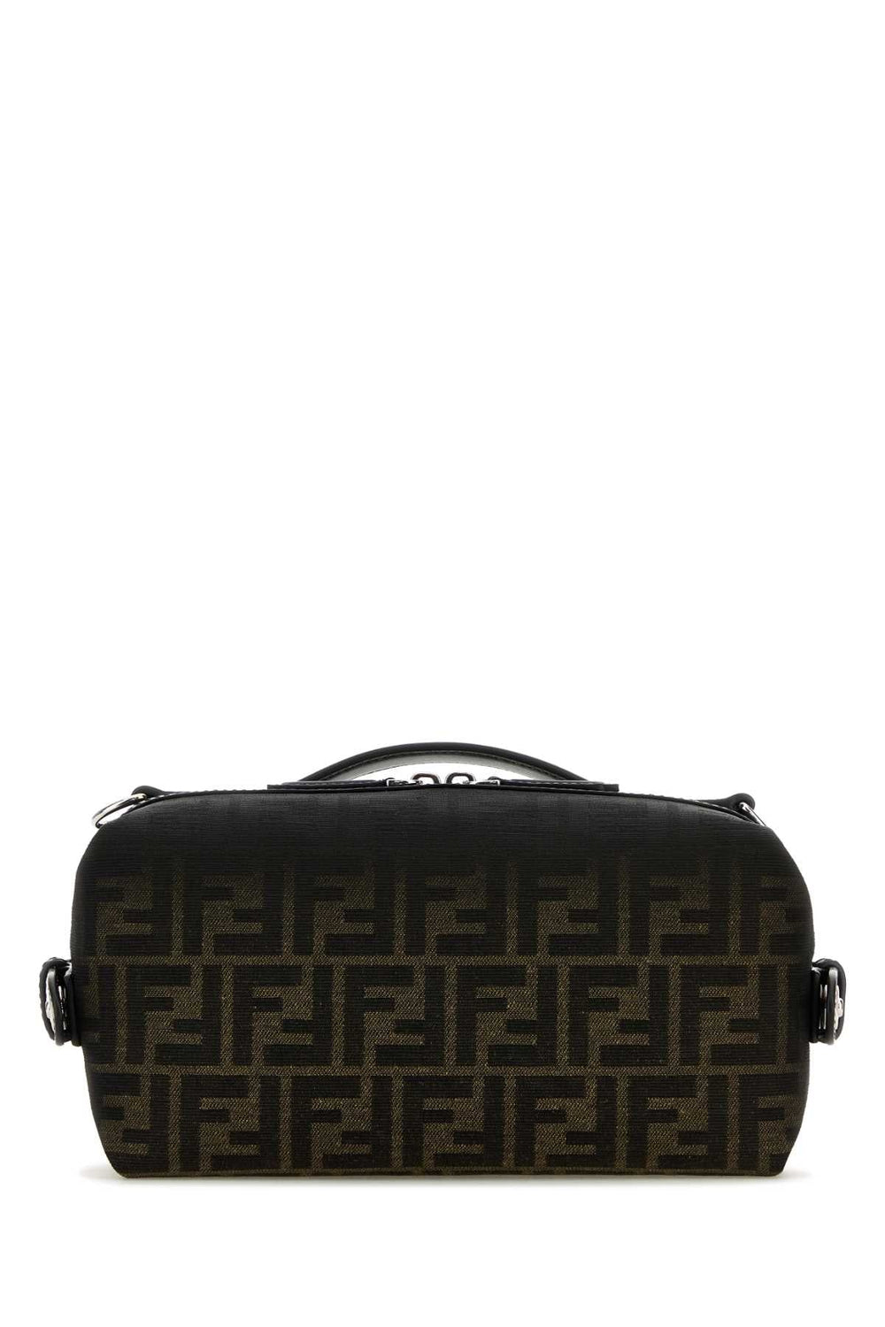 Black handbag with a pattern on a white background