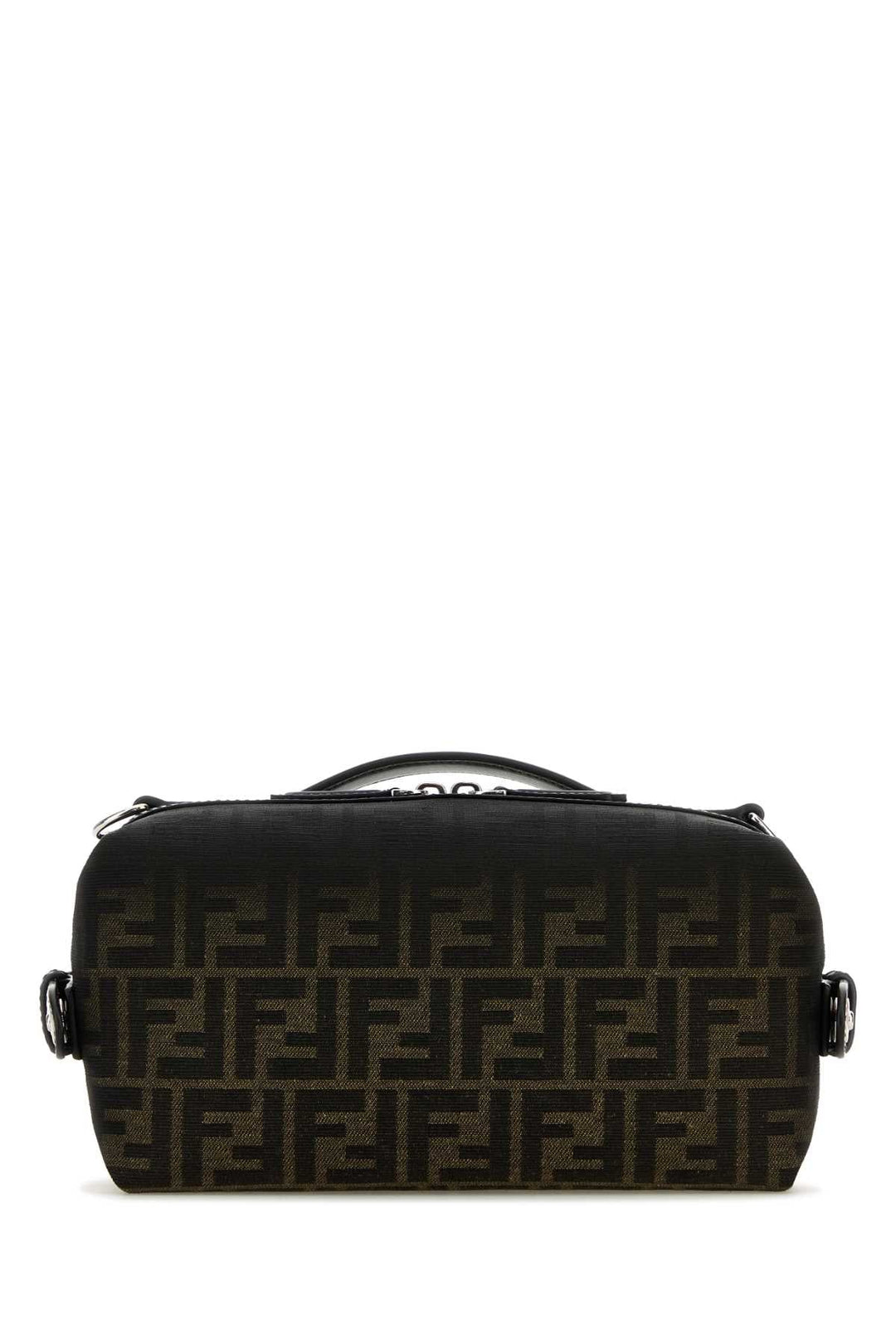 Black handbag with a pattern on a white background