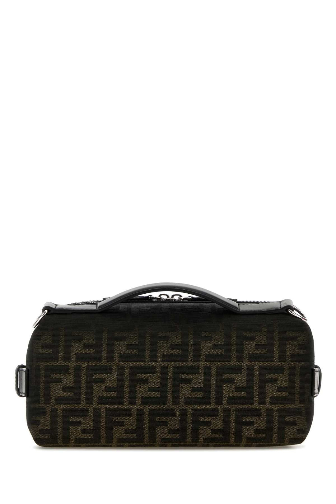 Black duffel bag with brand logo on a white background