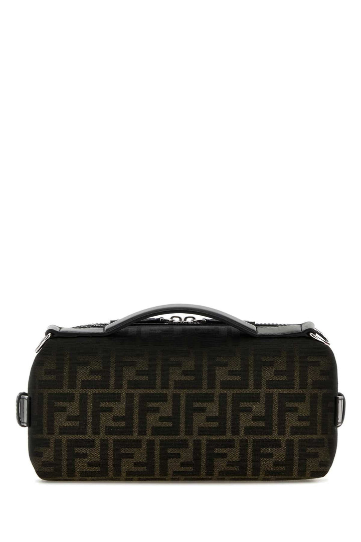 Black duffel bag with brand logo on a white background