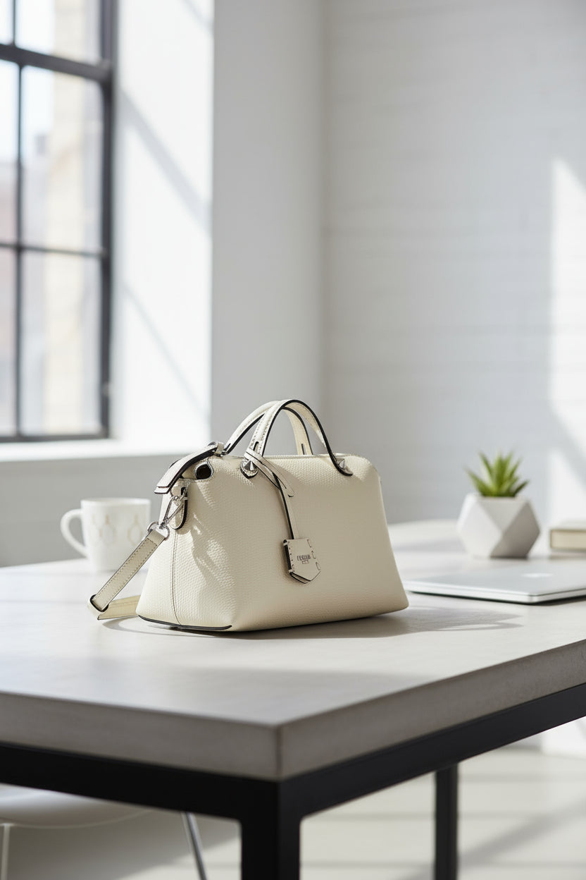 White handbag with a visible brand logo on a white background