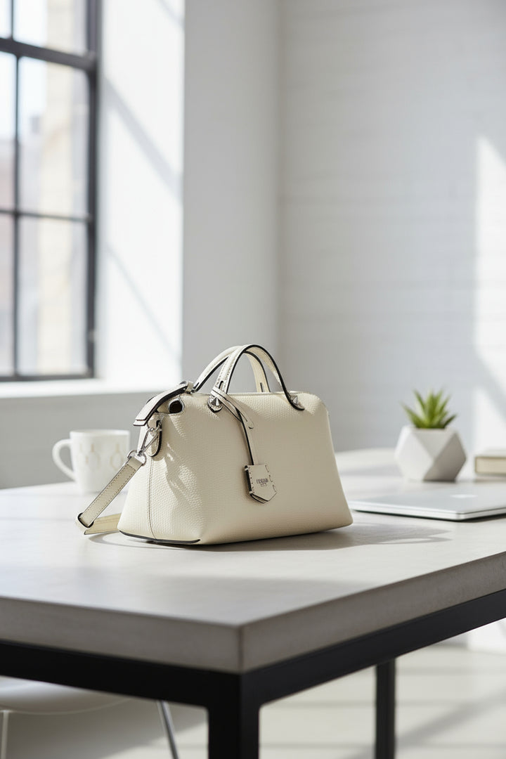 White handbag with a visible brand logo on a white background