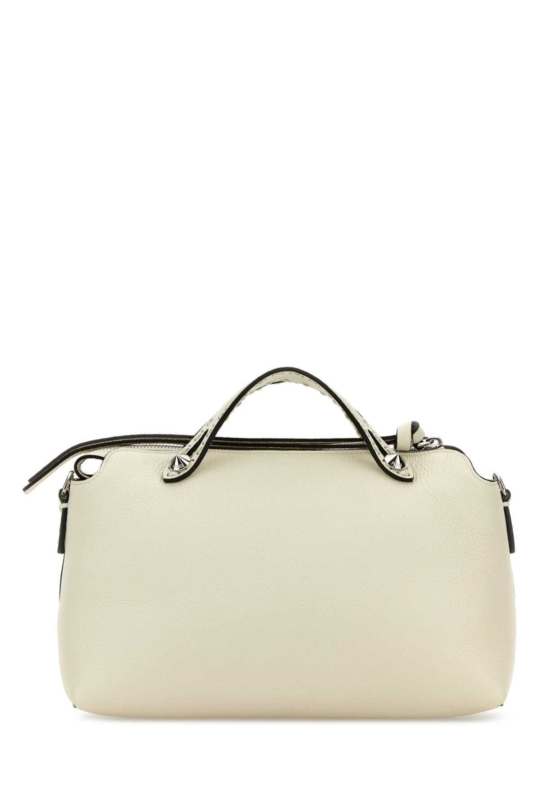 White handbag with black accents on a white background