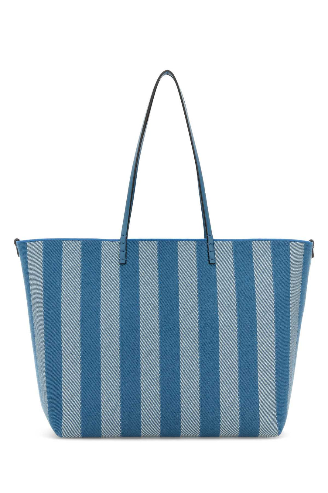 Blue and gray striped tote bag on a white background