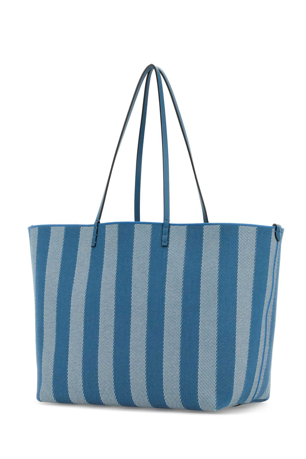 Blue and gray striped tote bag on a white background