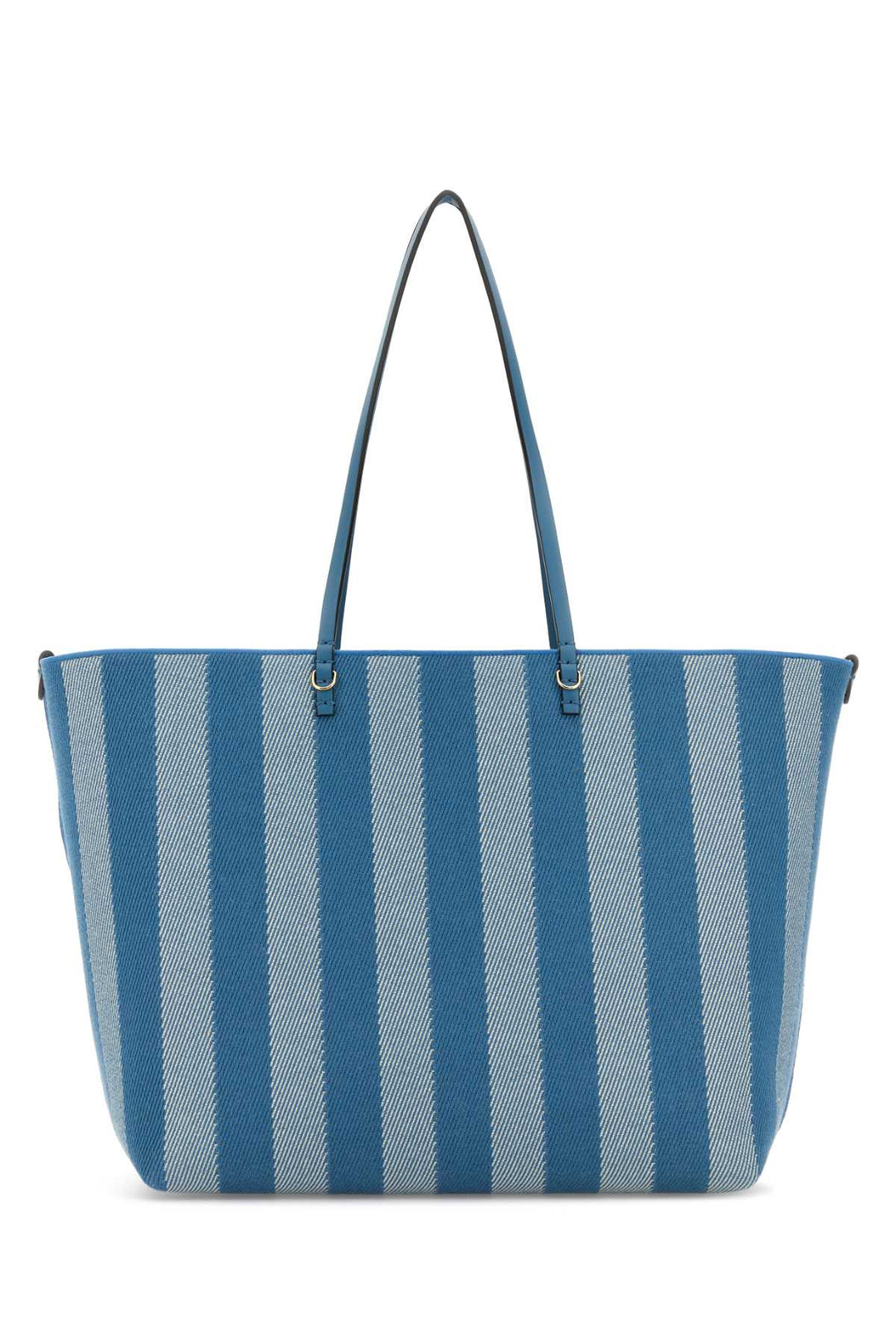 Blue and gray striped tote bag on a white background