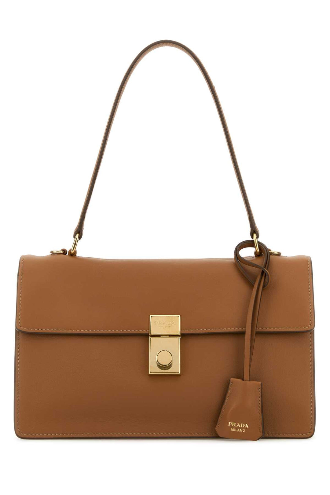 Brown handbag with a gold clasp on a white background
