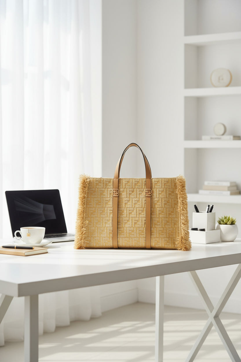 Yellow woven bag with brown handles and fringes on a white background
