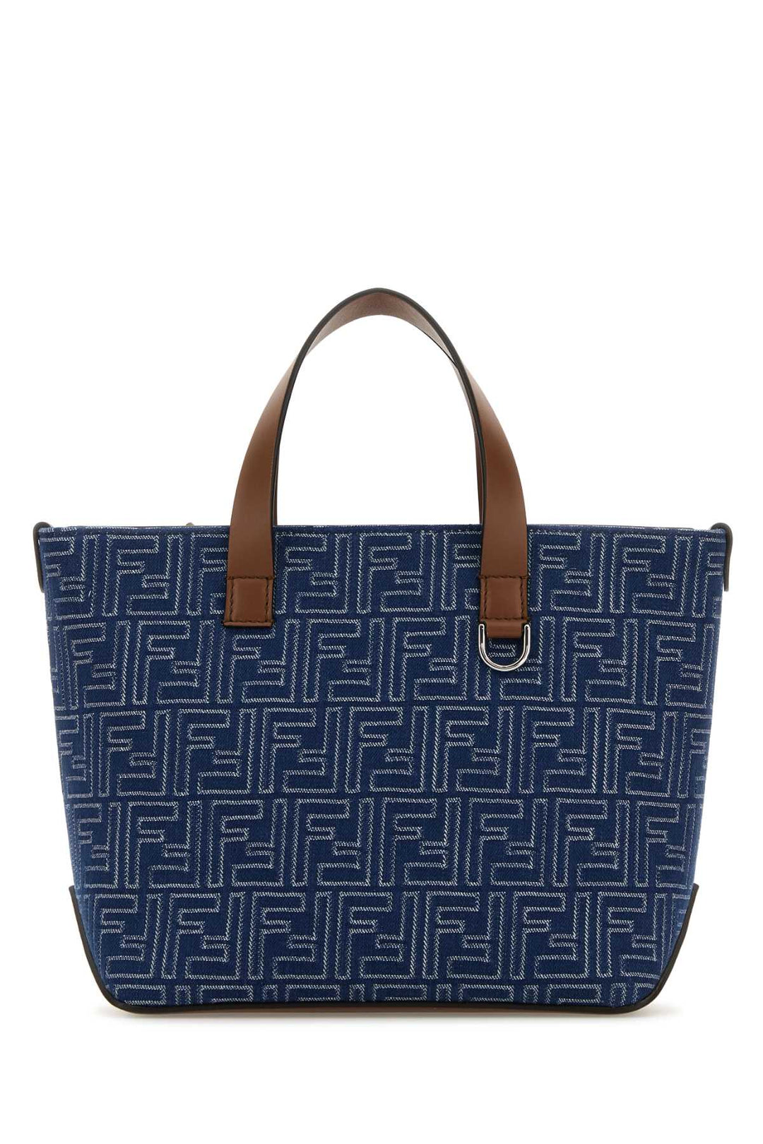 Blue patterned tote bag with brown handles on a white background