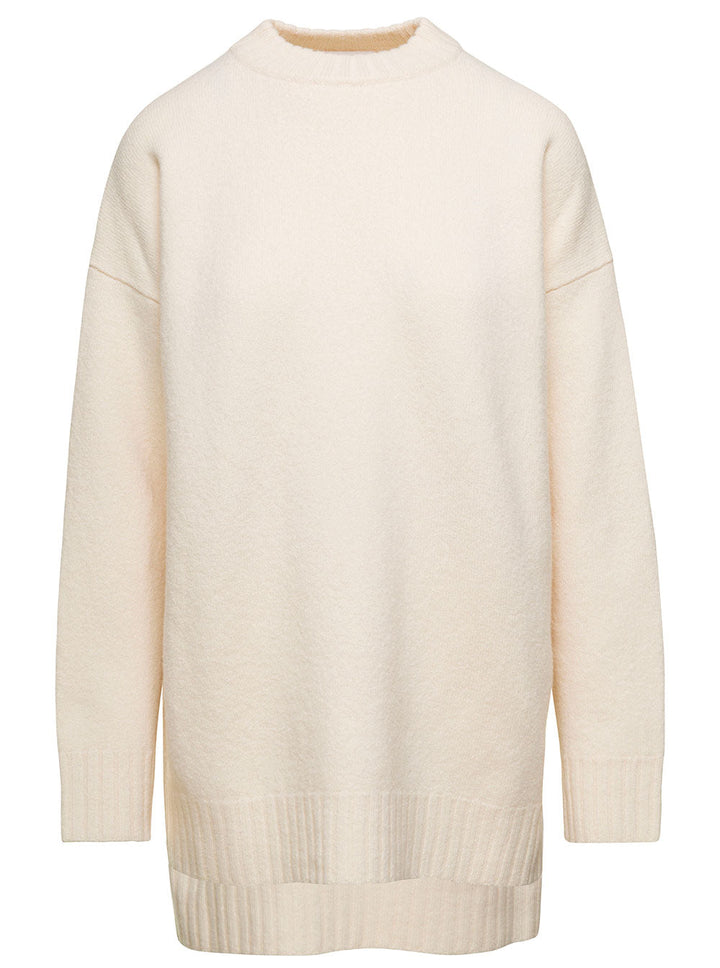 Jil Sander Women Oversized White Crewneck Sweater With Shorter Hem At The Front In Wool Woman