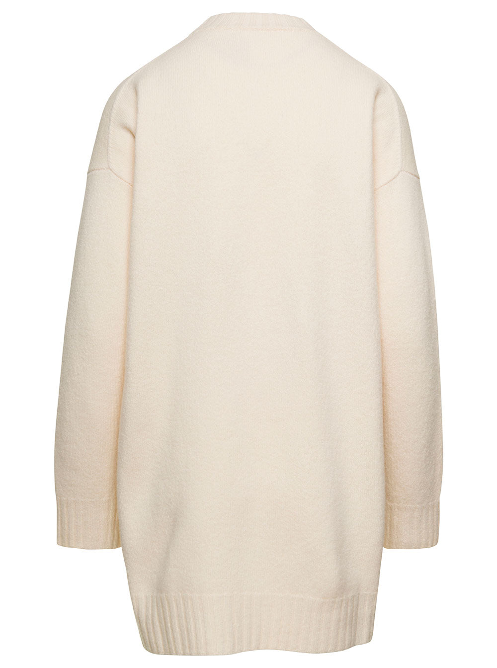 Jil Sander Women Oversized White Crewneck Sweater With Shorter Hem At The Front In Wool Woman