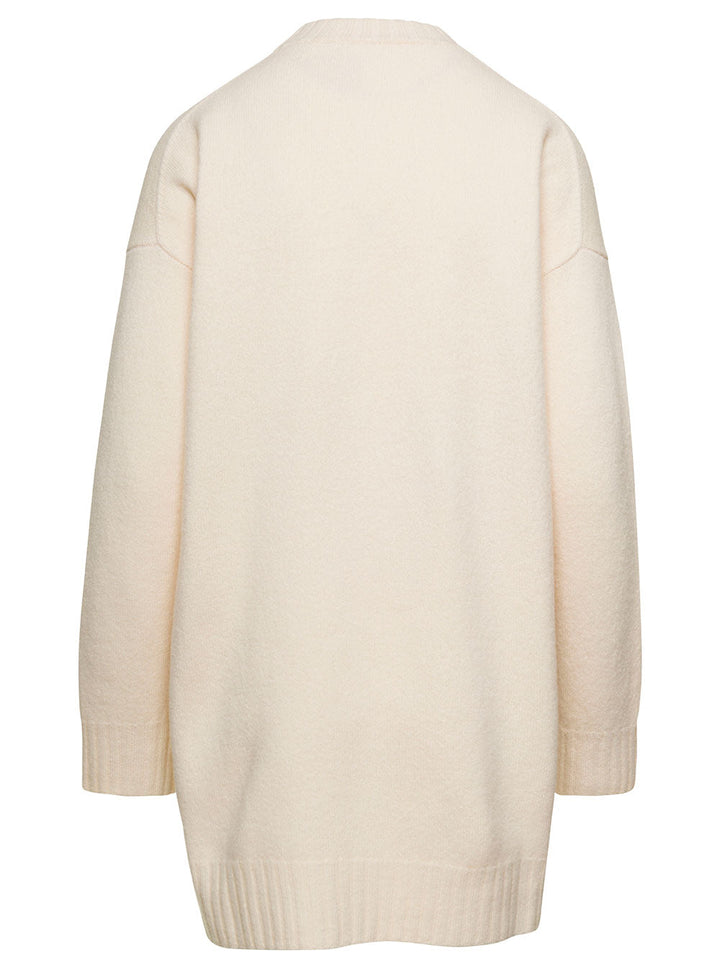 Jil Sander Women Oversized White Crewneck Sweater With Shorter Hem At The Front In Wool Woman