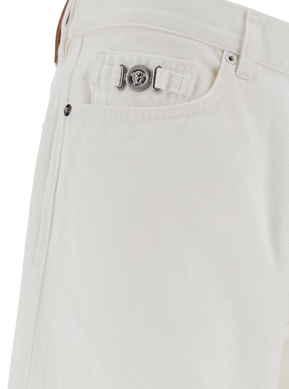 Versace Men White Five-Pocket Jeans With Logo Patch In Cotton Denim Man