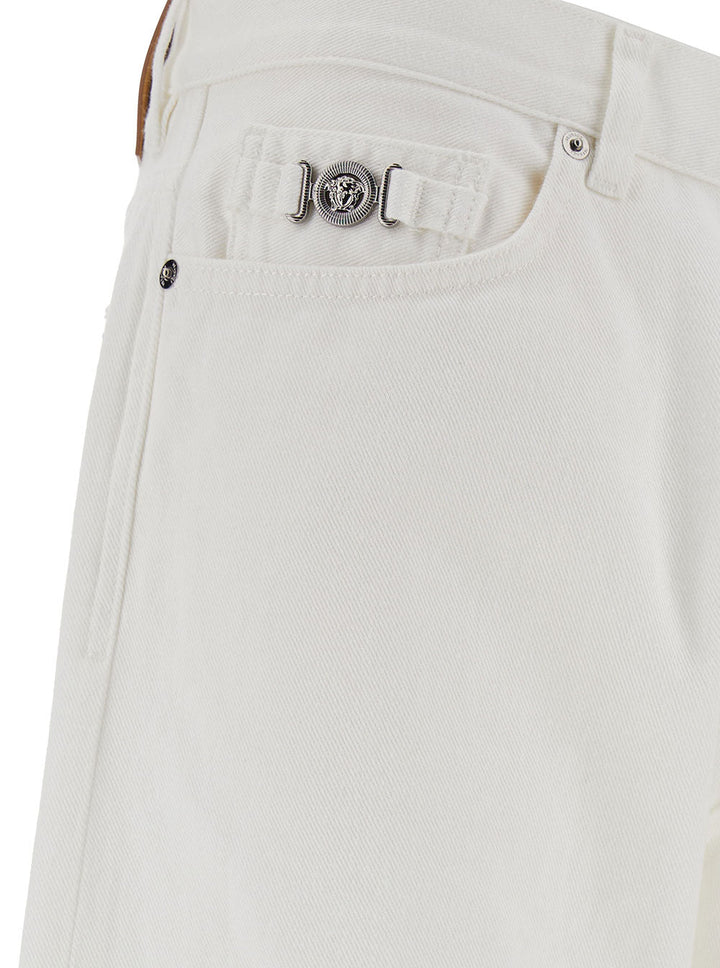 Versace Men White Five-Pocket Jeans With Logo Patch In Cotton Denim Man