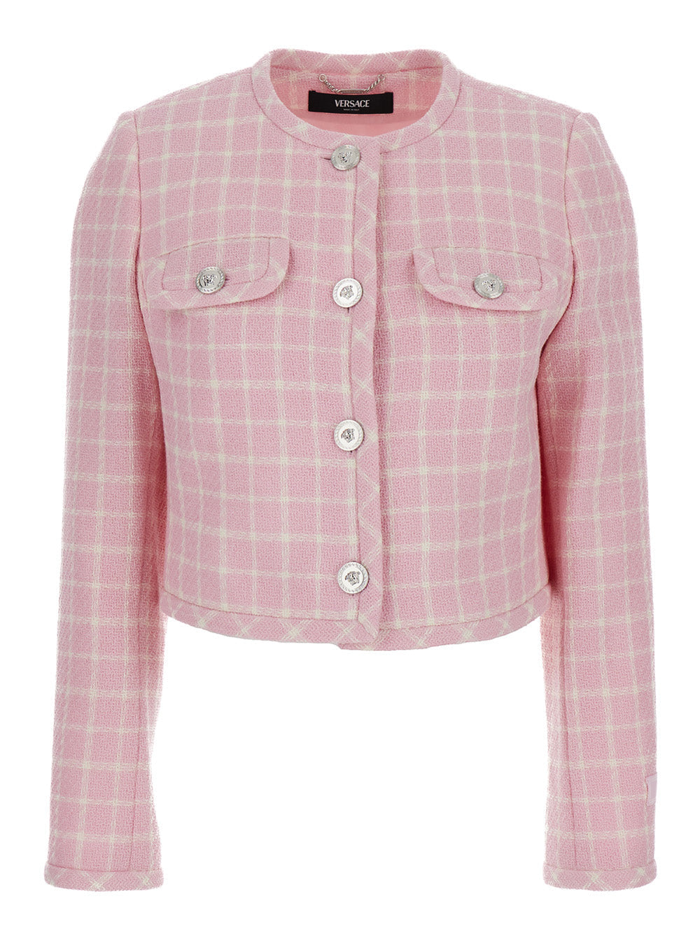 Versace Women Pink Checked Tweed Jacket With Medusa Head Buttons In Wool Blend Woman