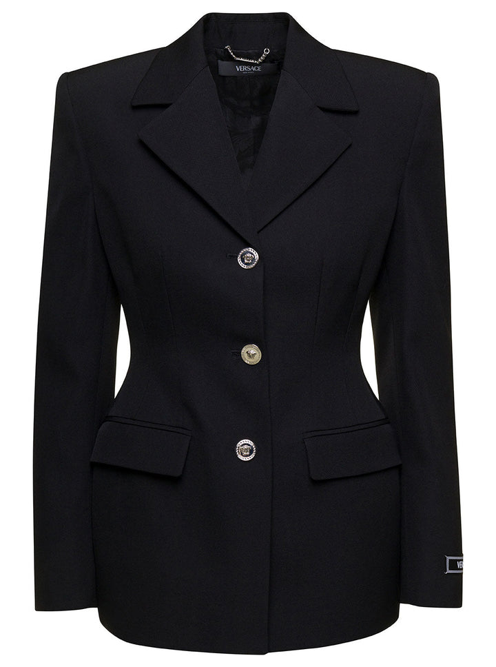 Versace Women Black Hourglass Single-Breasted Blazer In Wool Woman