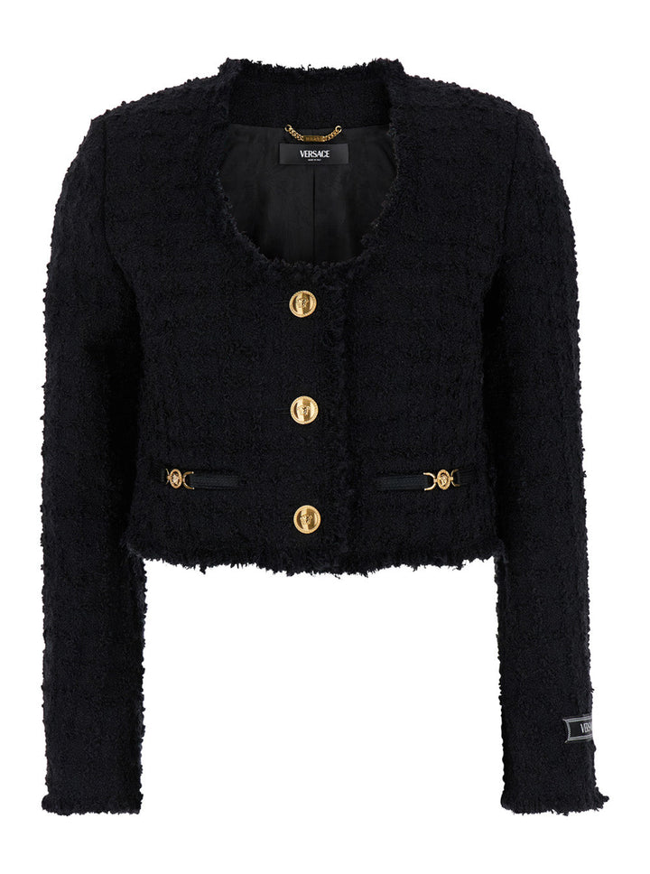 Versace Women Black Crop Jacket With Jewel Buttons In Tweed Woman