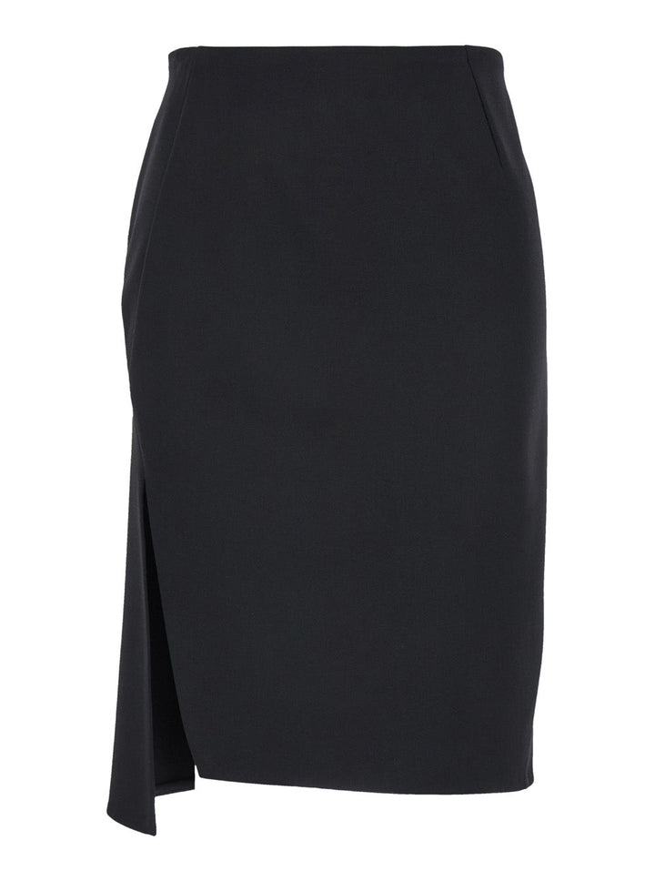 Versace Women Black Midi Skirt With Side Slit In Stretch Wool Woman