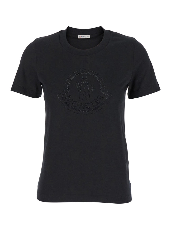 Moncler Women Black T-Shirt With Rhinestone Logo In Cotton Woman