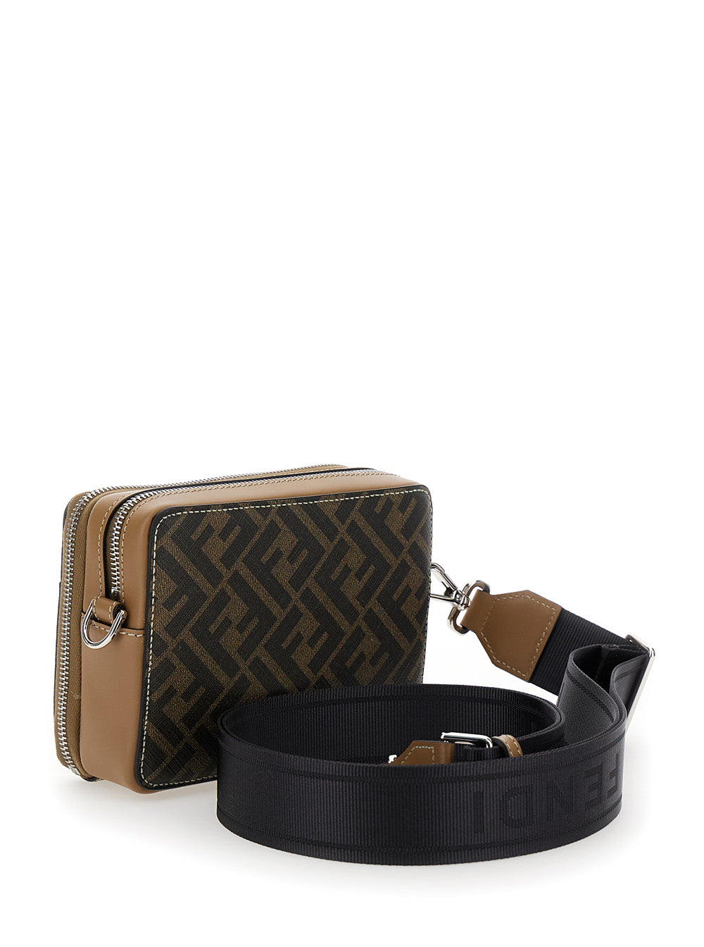 Brown and black patterned crossbody bag with a black strap on a white background