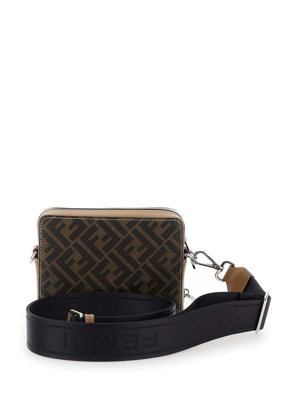 Patterned handbag with a black strap on a white background