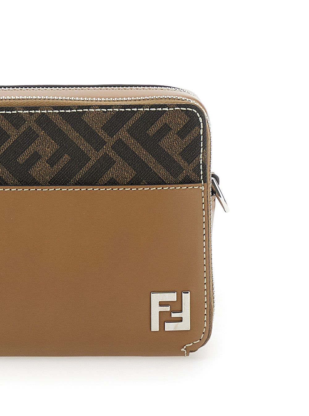 Brown wallet with patterned top section and visible brand logo on a white background