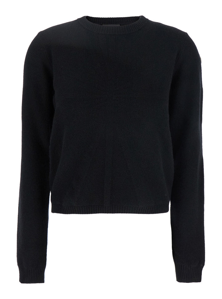 Rick Owens X Moncler Women 'Biker' Black Crewneck Sweater With Logo Patch On The Sleeve In Wool And Cashmere Blend Woman