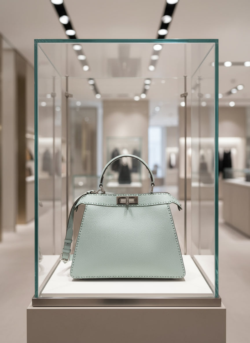 Light blue handbag with a strap on a white background