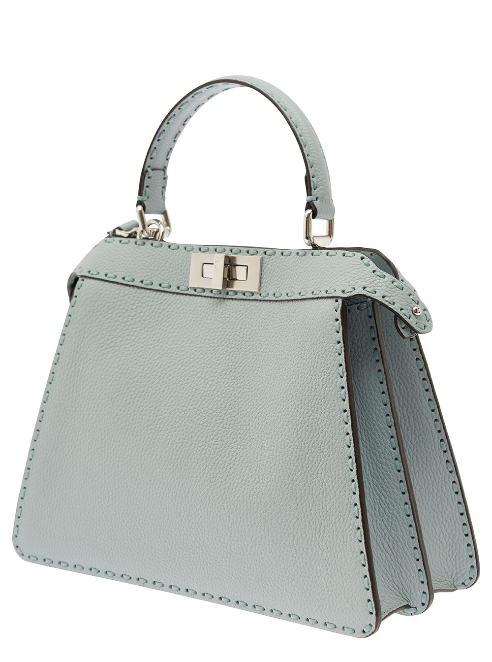 Light blue handbag with a gold clasp on a white background