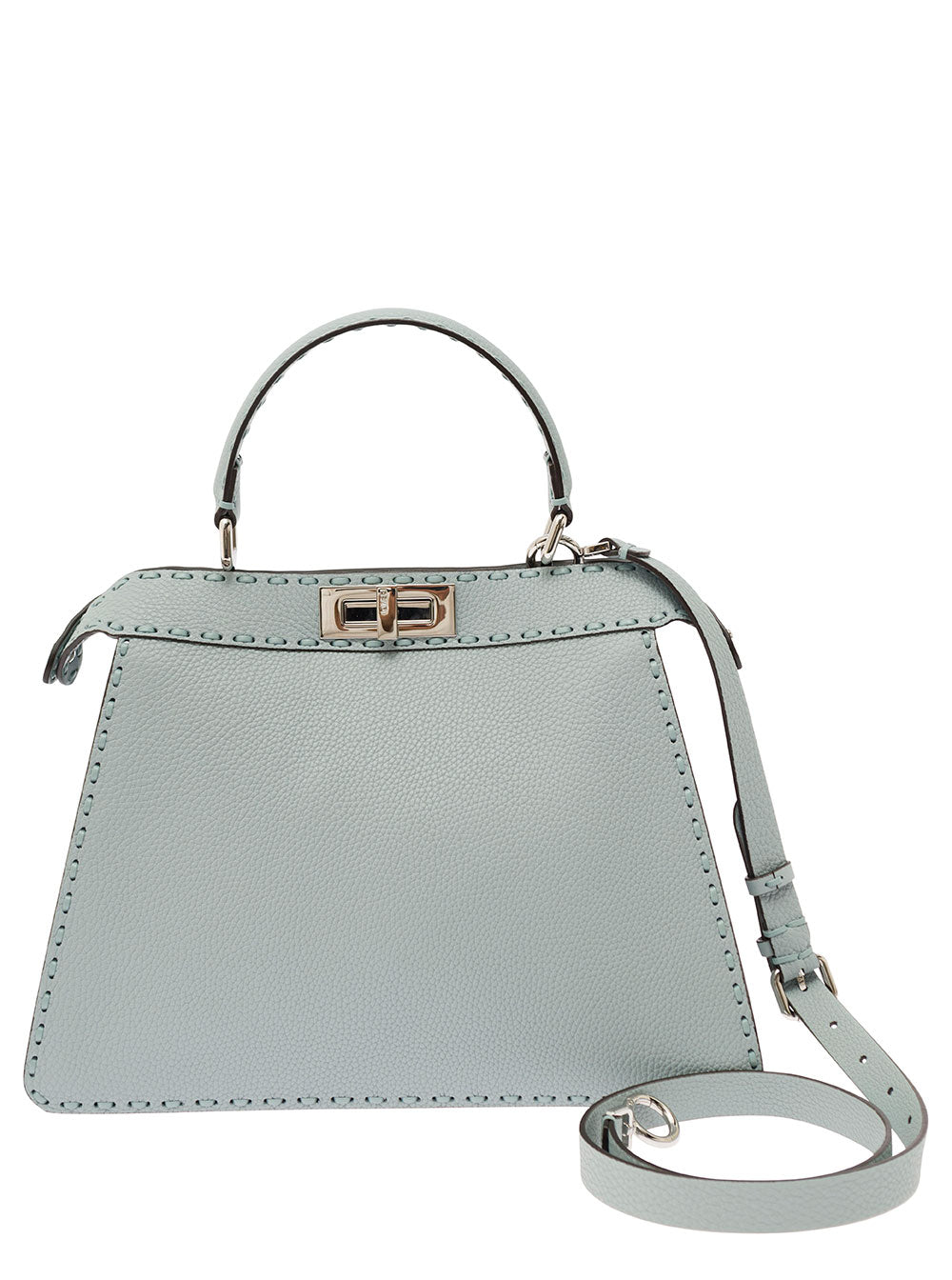 Light blue handbag with a strap on a white background