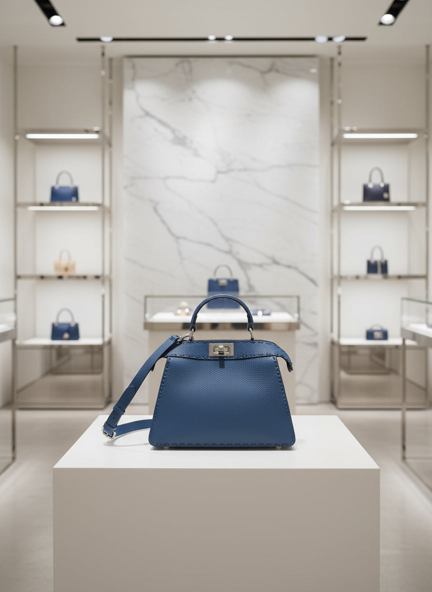 Blue handbag with a strap on a white background