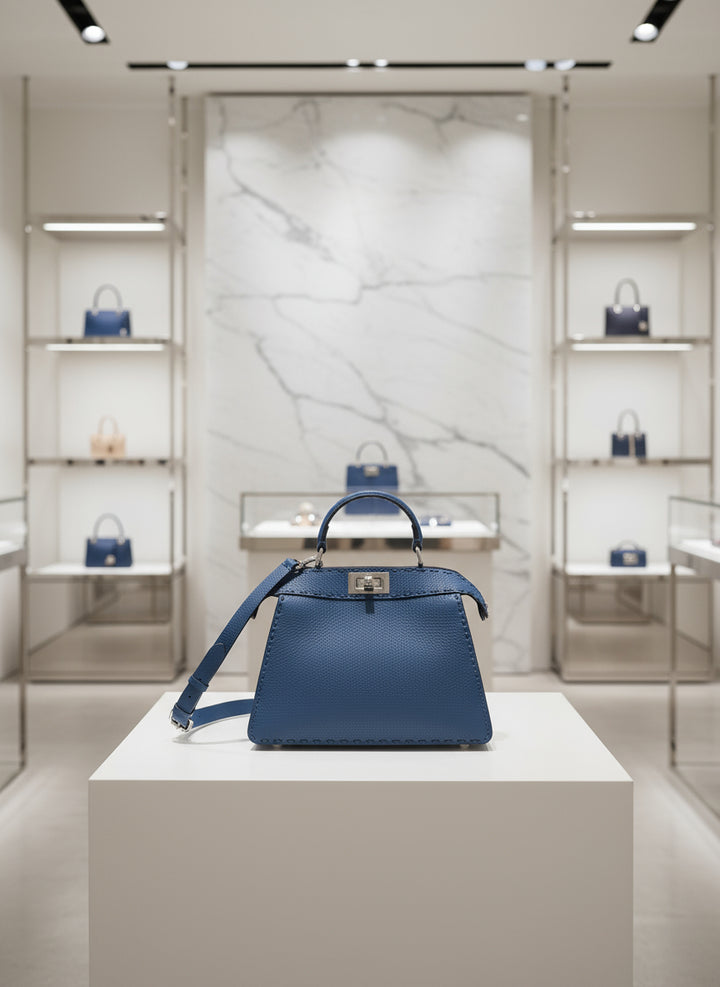 Blue handbag with a strap on a white background