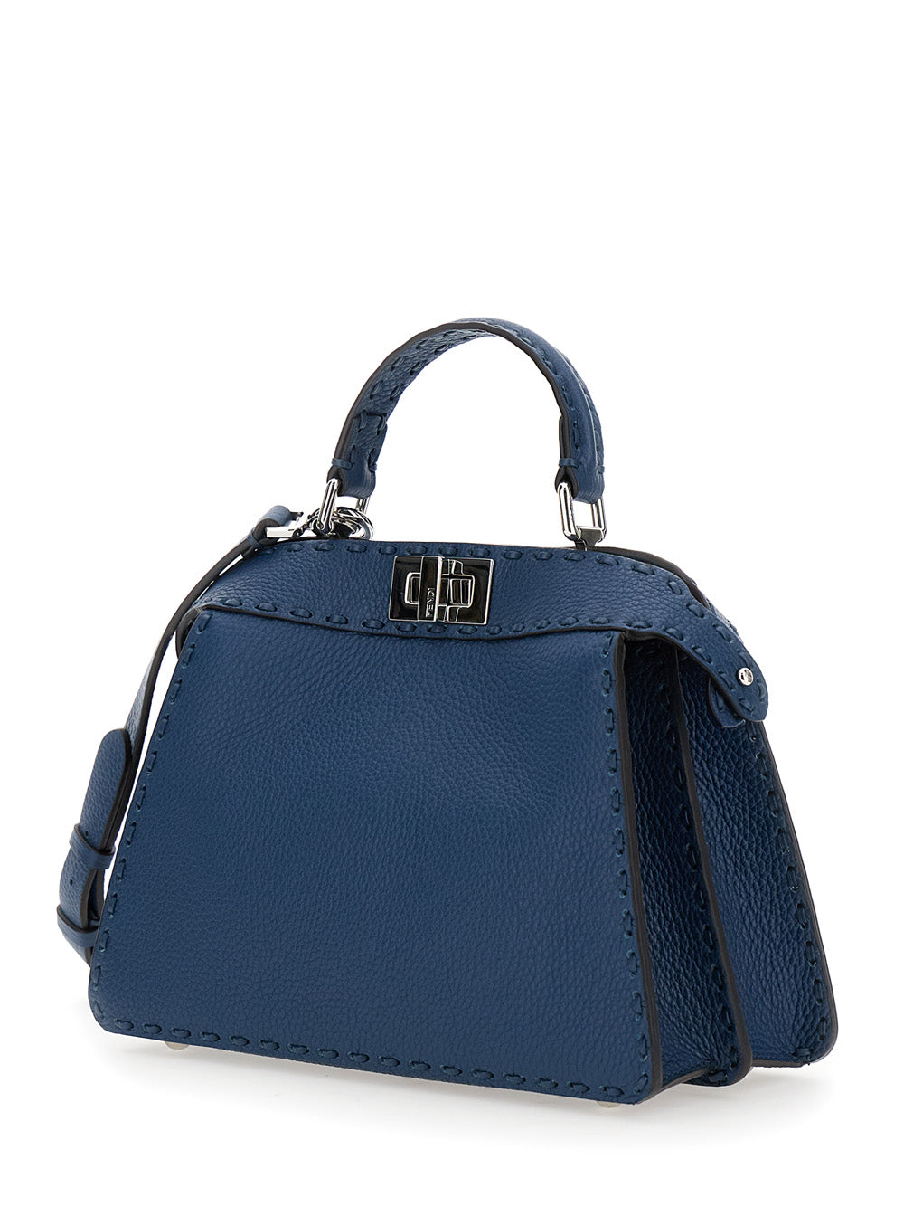 Blue handbag with a strap on a white background