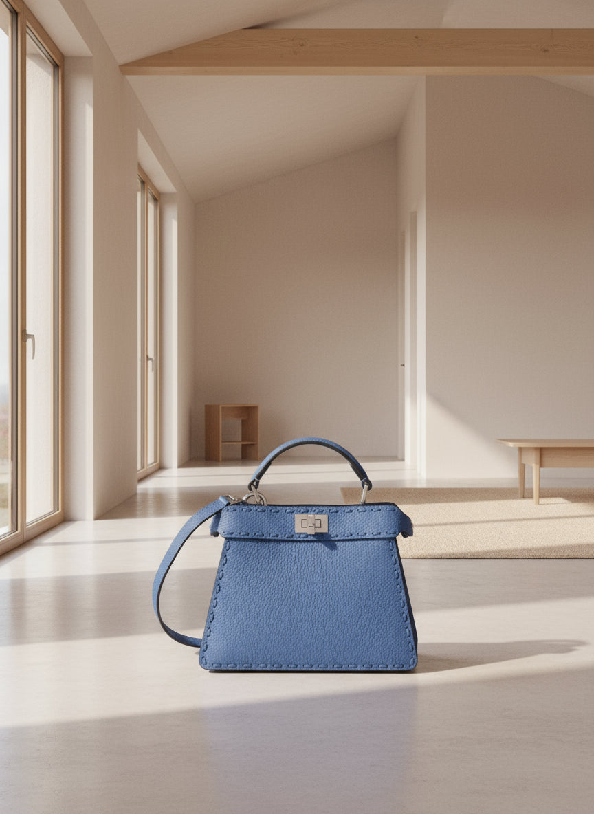 Blue handbag with a strap on a white background