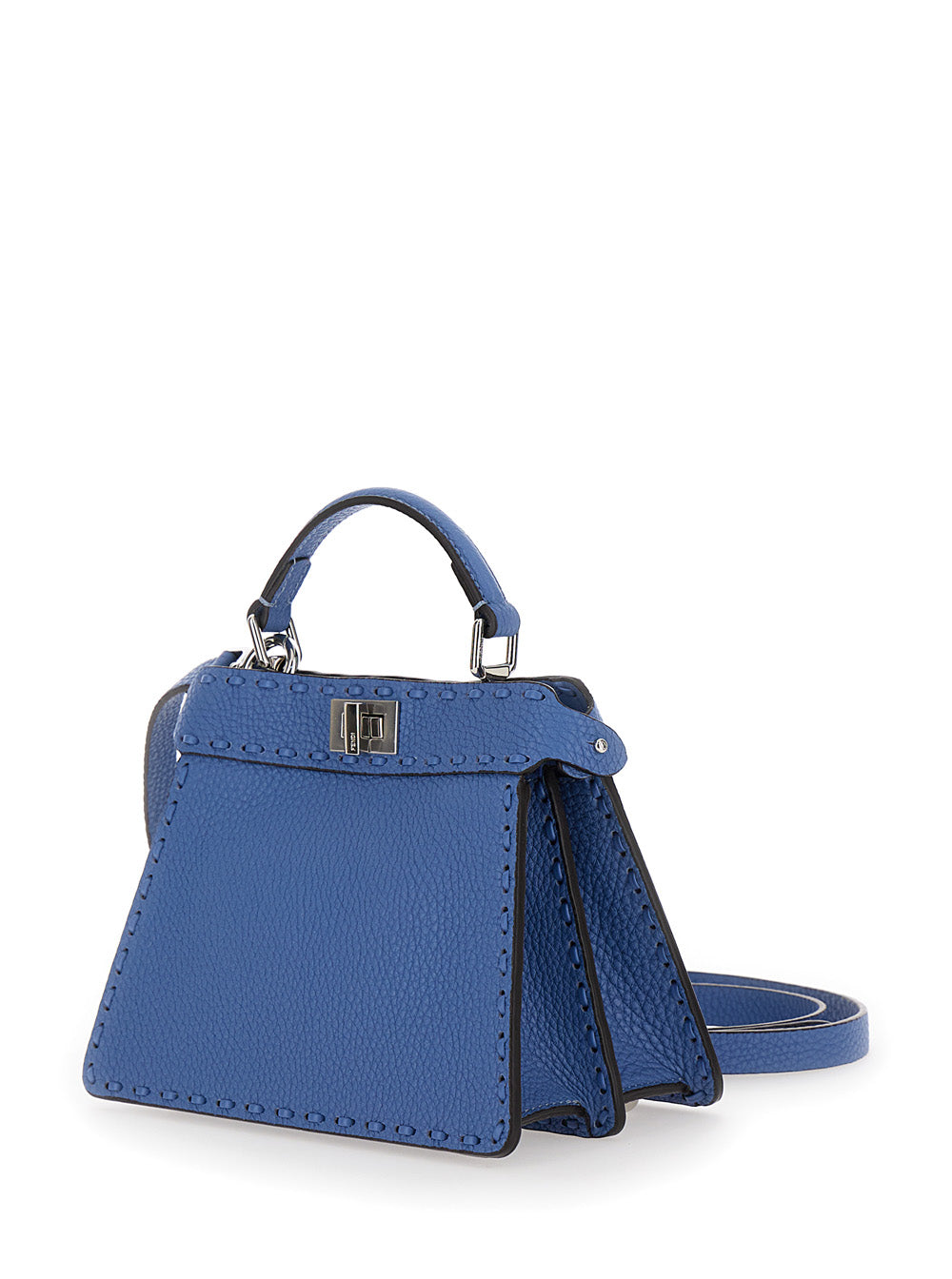 Blue handbag with a strap on a white background