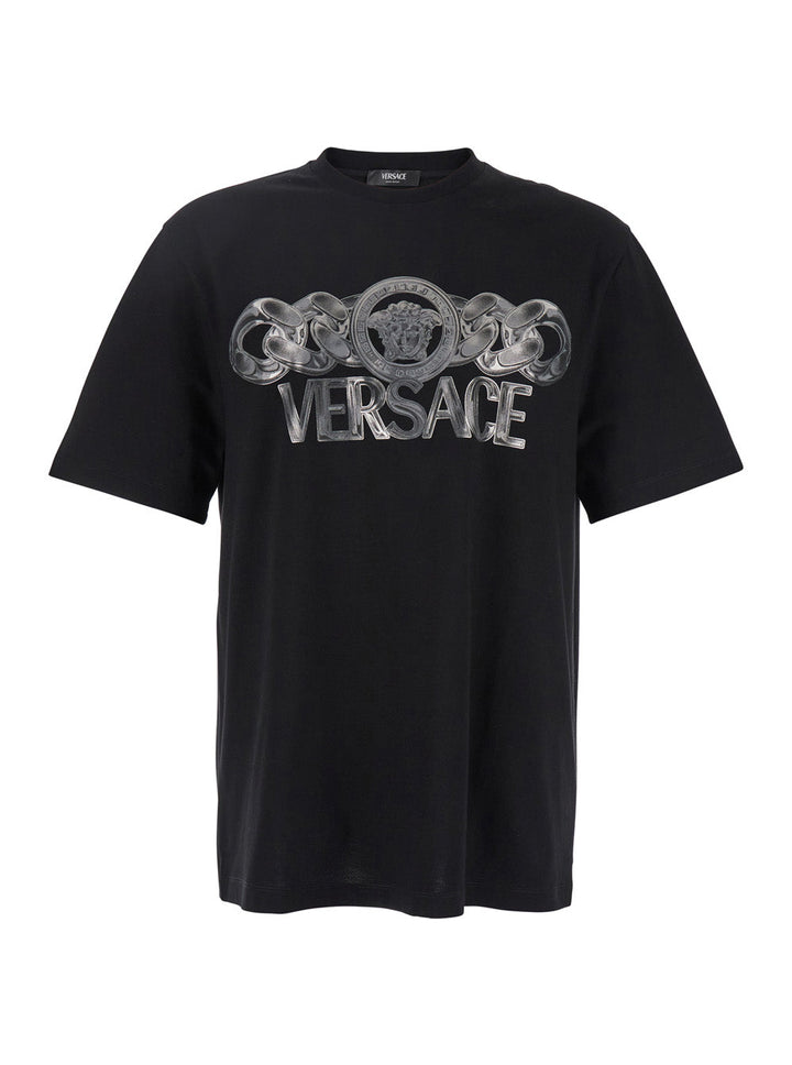 Versace Men Black T-Shirt With Medusa Head Logo Print On The Front In Cotton Man