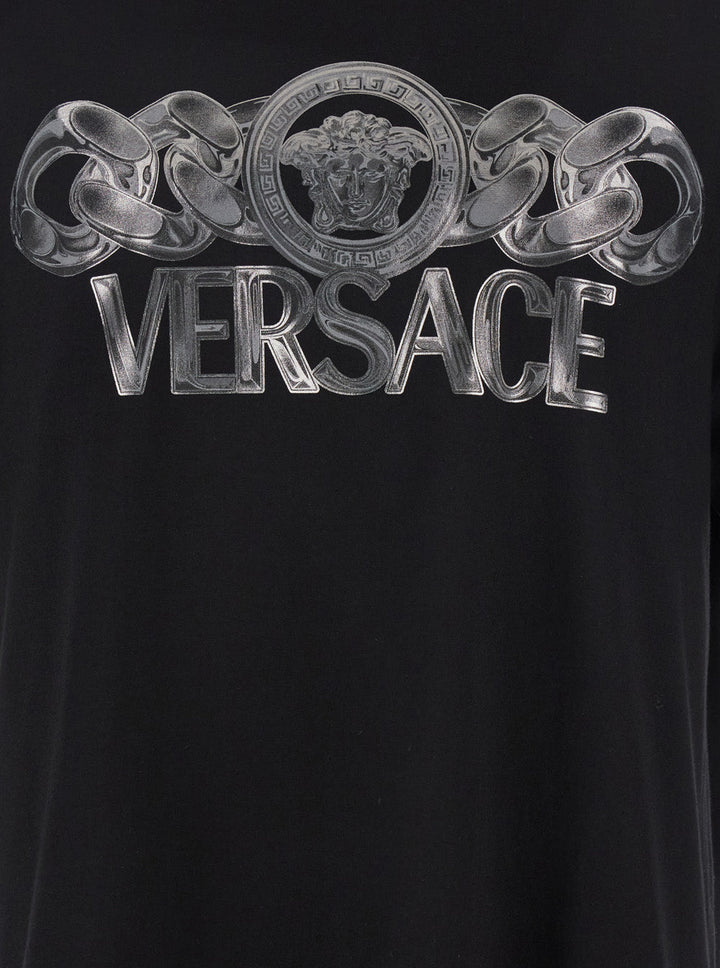 Versace Men Black T-Shirt With Medusa Head Logo Print On The Front In Cotton Man