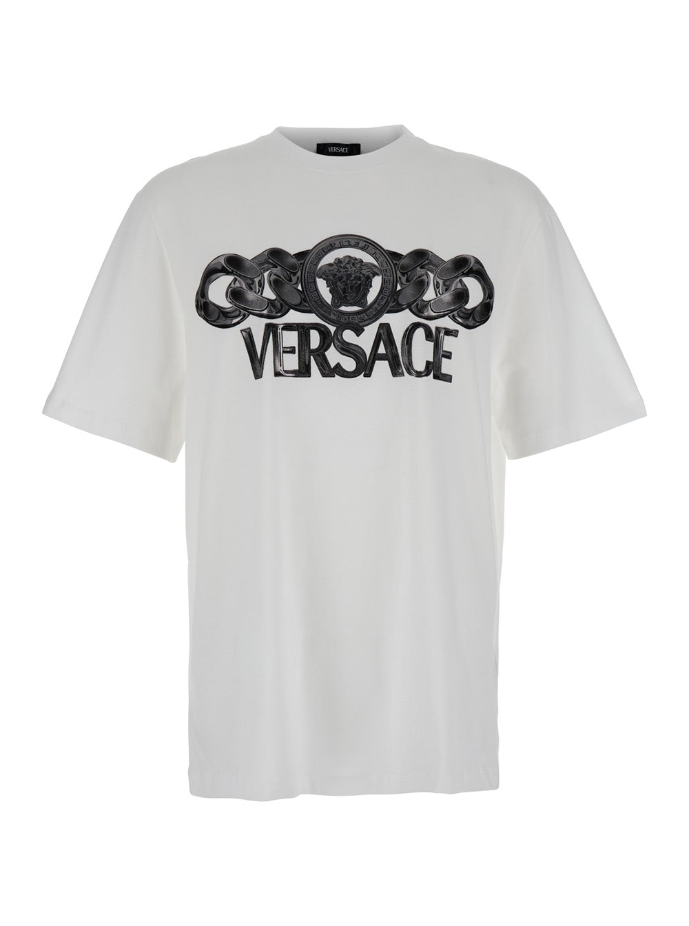 Versace Men White T-Shirt With Medusa Head Logo Print On The Front In Cotton Man