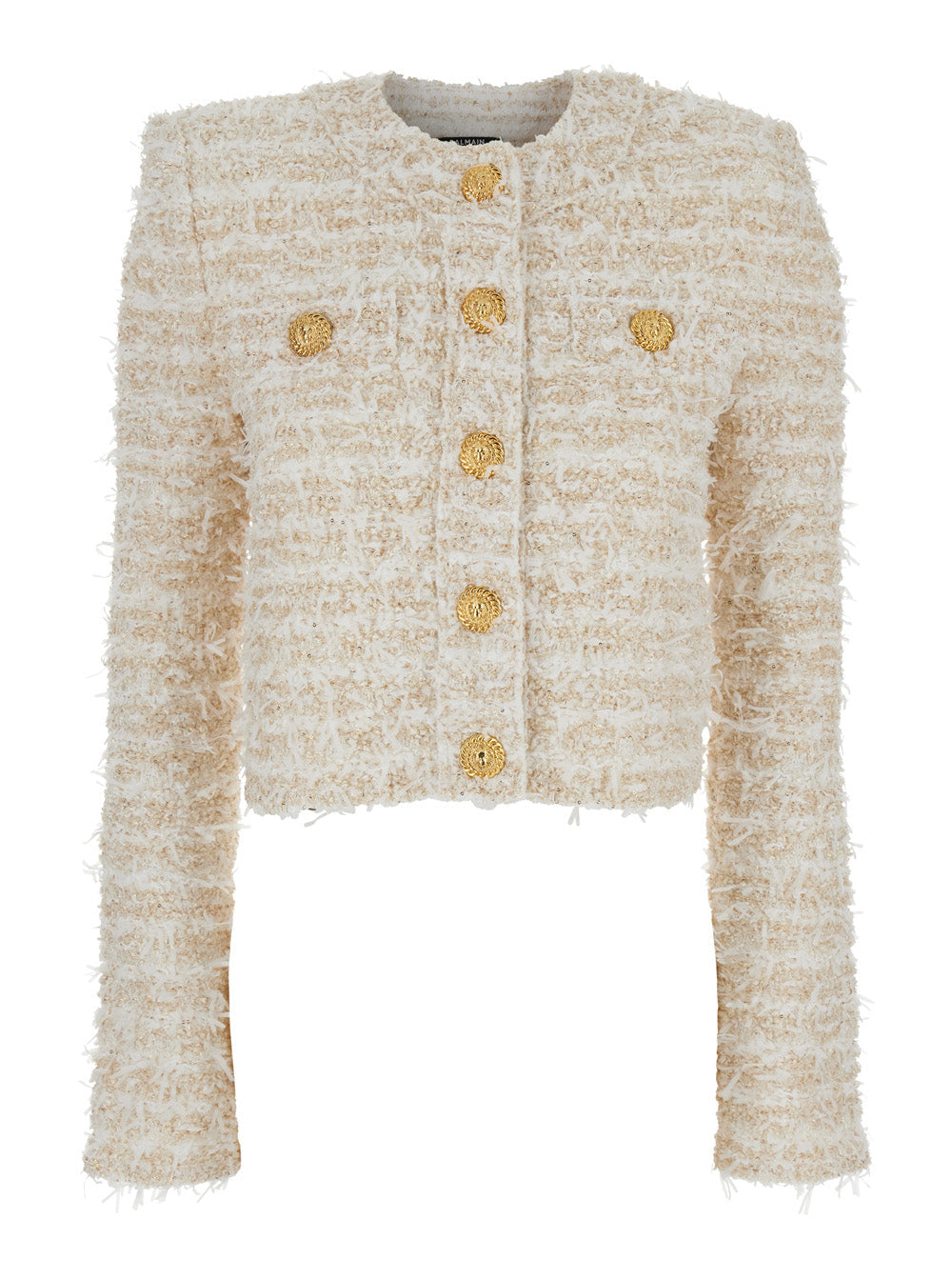 Balmain Women White Crewneck Cardigan With Jewel Buttons In Tech Fabric Woman