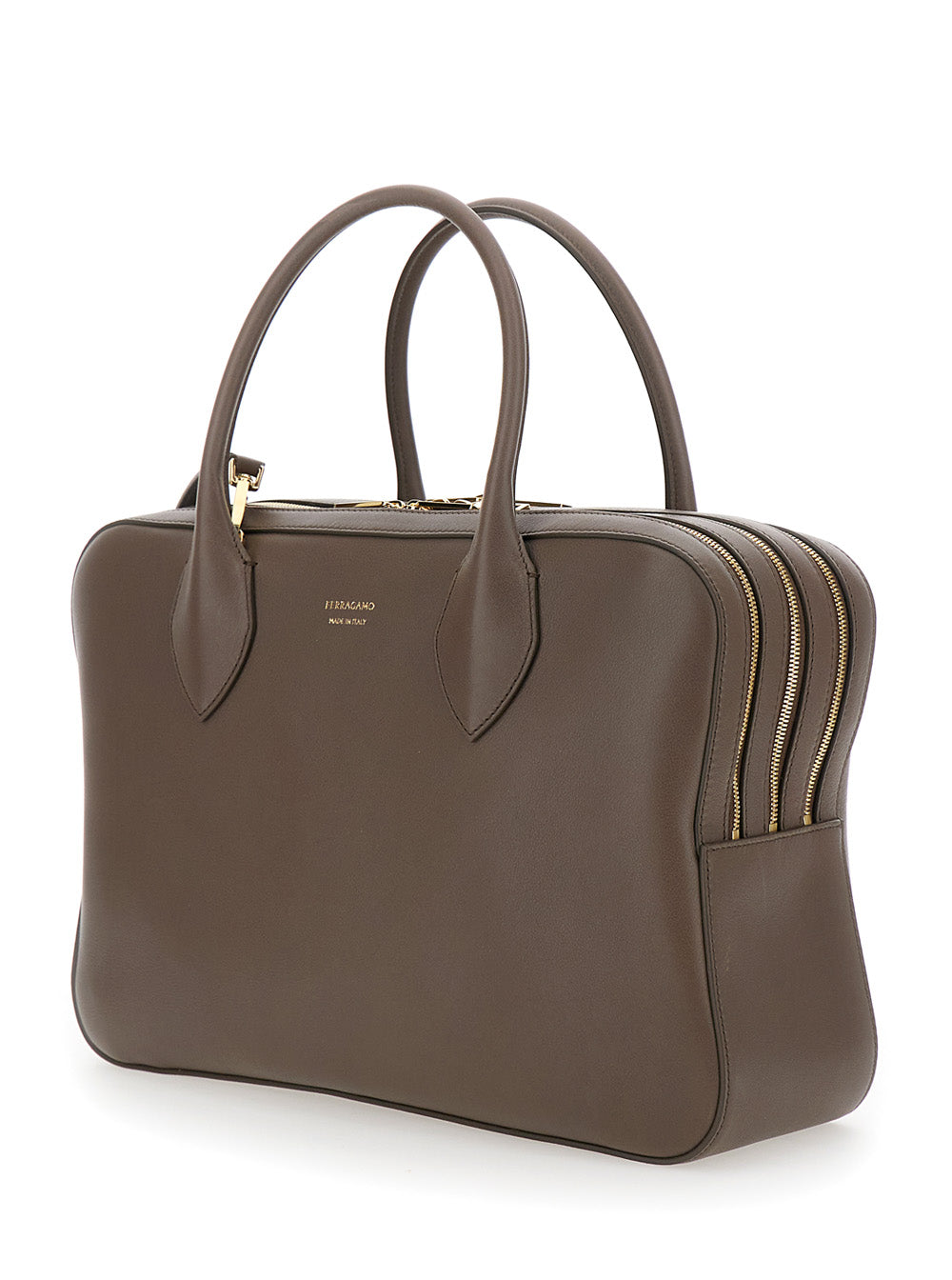 Ferragamo Women Brown Handbag With Three Zips And Logo Printed On The Front In Leather Woman