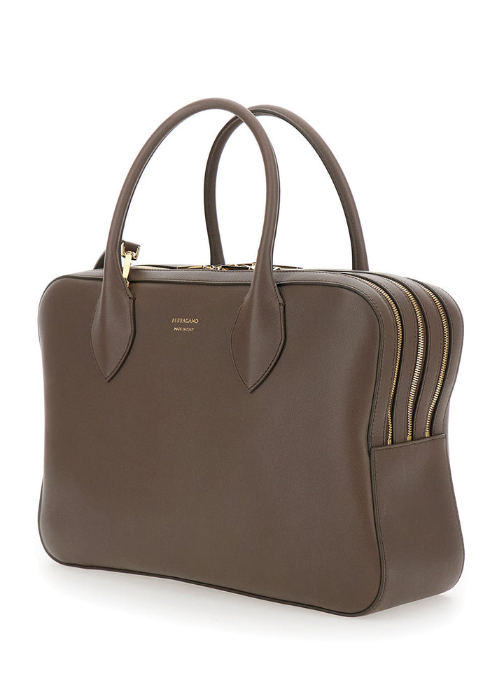 Ferragamo Women Brown Handbag With Three Zips And Logo Printed On The Front In Leather Woman