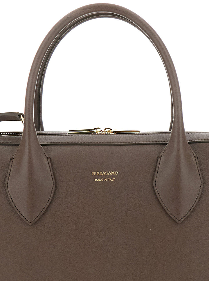 Ferragamo Women Brown Handbag With Three Zips And Logo Printed On The Front In Leather Woman