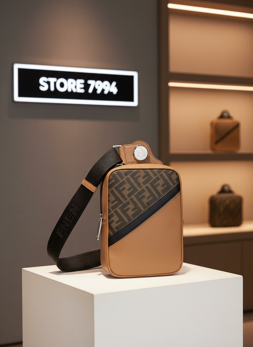 Brown crossbody bag with black strap and logo on a white background