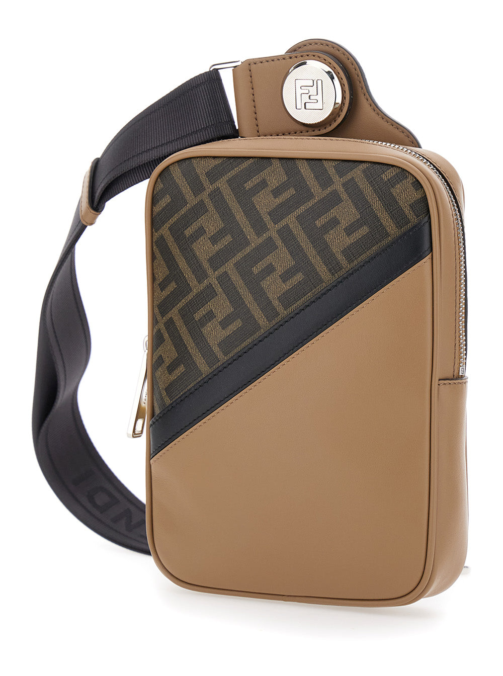 Brown crossbody bag with black strap and logo on a white background
