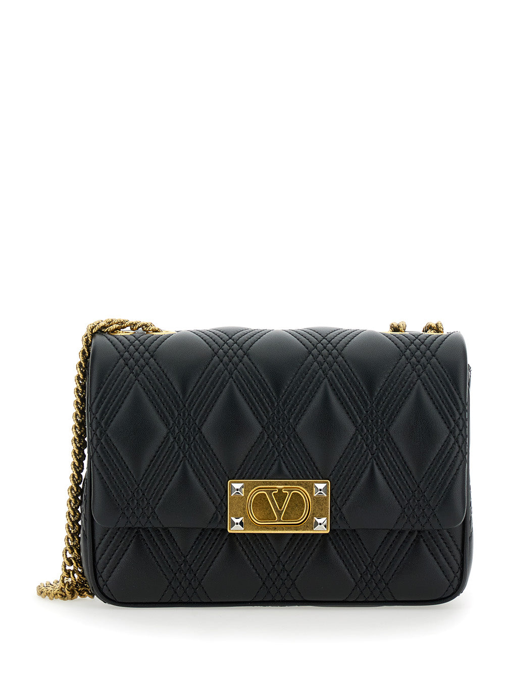 Valentino Garavani Women 'Quiltie 67' Black Shoulder Bag With Vlogo Metallic Plate On The Front In Quilted Leather Woman