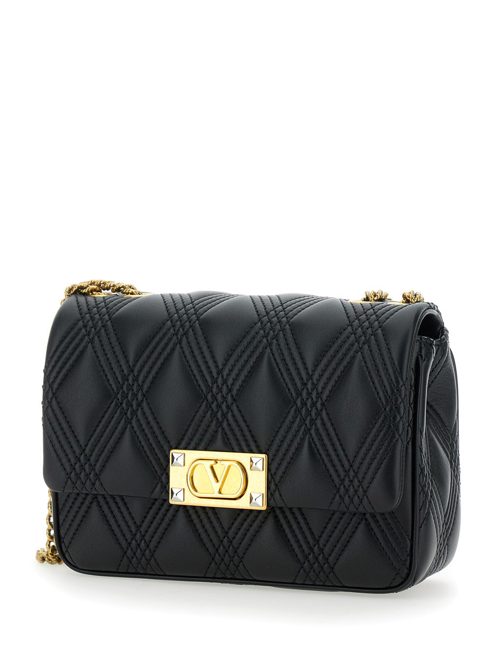 Valentino Garavani Women 'Quiltie 67' Black Shoulder Bag With Vlogo Metallic Plate On The Front In Quilted Leather Woman