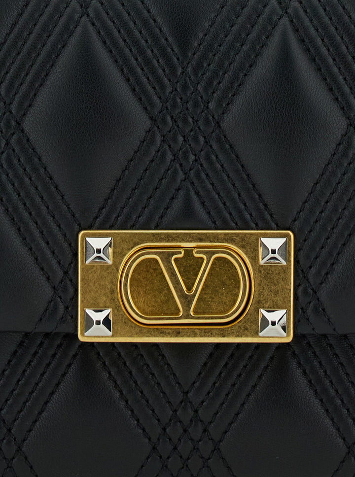 Valentino Garavani Women 'Quiltie 67' Black Shoulder Bag With Vlogo Metallic Plate On The Front In Quilted Leather Woman